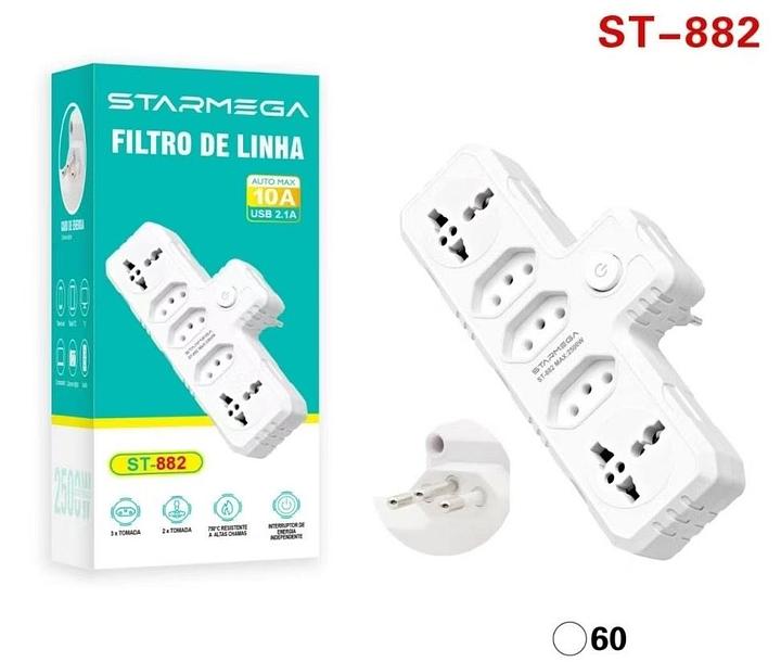 STARMEGA - FILTRO DE LINHA / EXTENSAO 5 TOMADAS USB 2.1A - ST-882