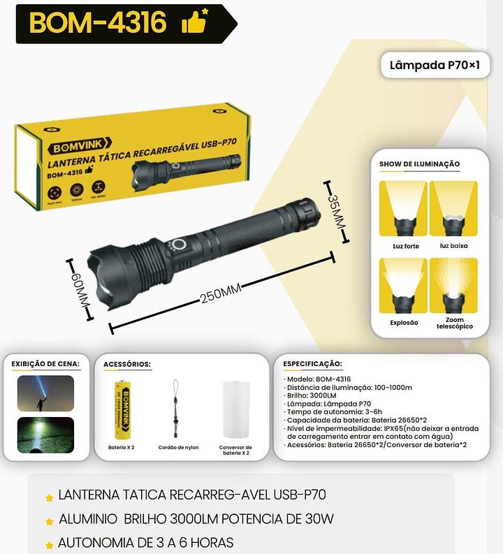 LANTERNA TATICA RECARREGAVEL USB P70 BOMVINK BOM-4316