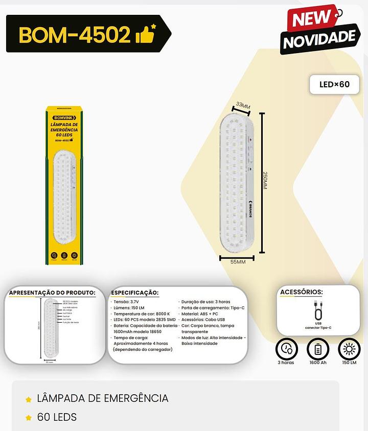 BOMVINK - LAMPADA DE EMERGENCIA COM 60 LEDS - BOM-4502