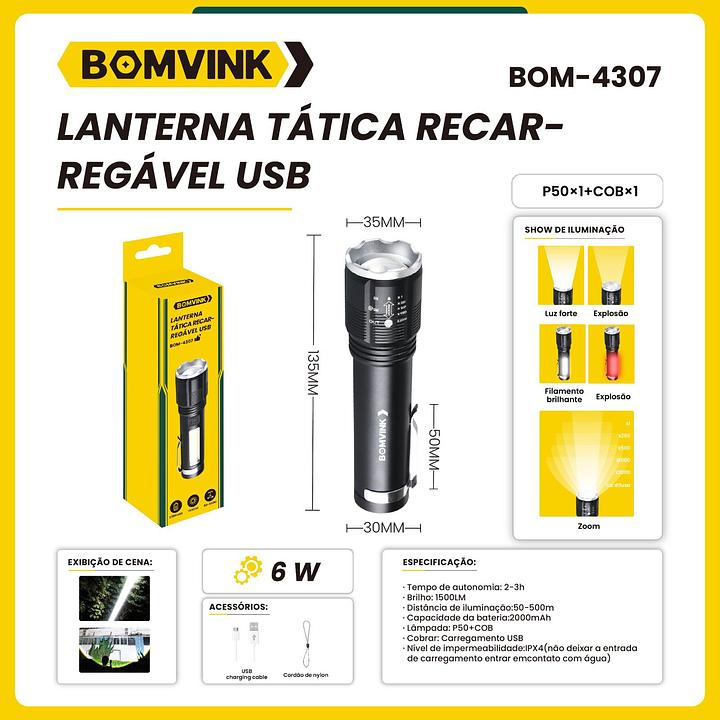 LANTERNA TÁTICA RECARREGÁVEL USB