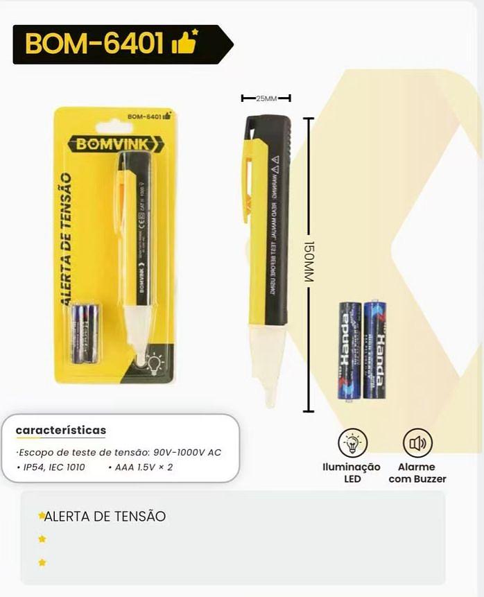 BOMVINK - CANETA TESTE DETECTORA DE TENSAO COM ILUMINAÇAO LED - BOM-6401