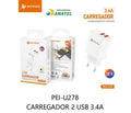 PEINING - FONTE/CARREGADOR RAPIDO 2 USB 3.6A - PEI-U278