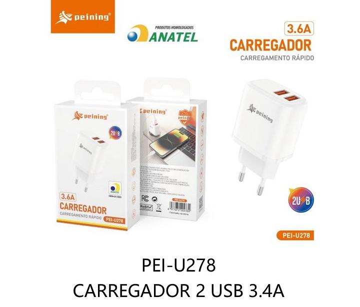 PEINING - FONTE/CARREGADOR RAPIDO 2 USB 3.6A - PEI-U278