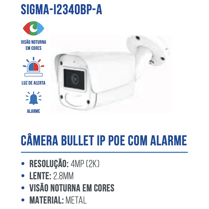 CAMERA BULLET IP POE COM ALARME E LUZ NOTURNA