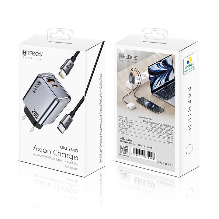 HREBOS - CARREGADOR 20W + CABO TYPE-C + LIGHTNING