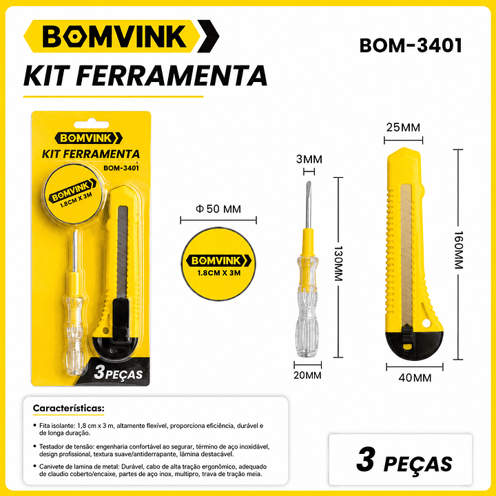 KIT FERRAMENTA PORTATIL COM 3 PEÇAS BOM-3401