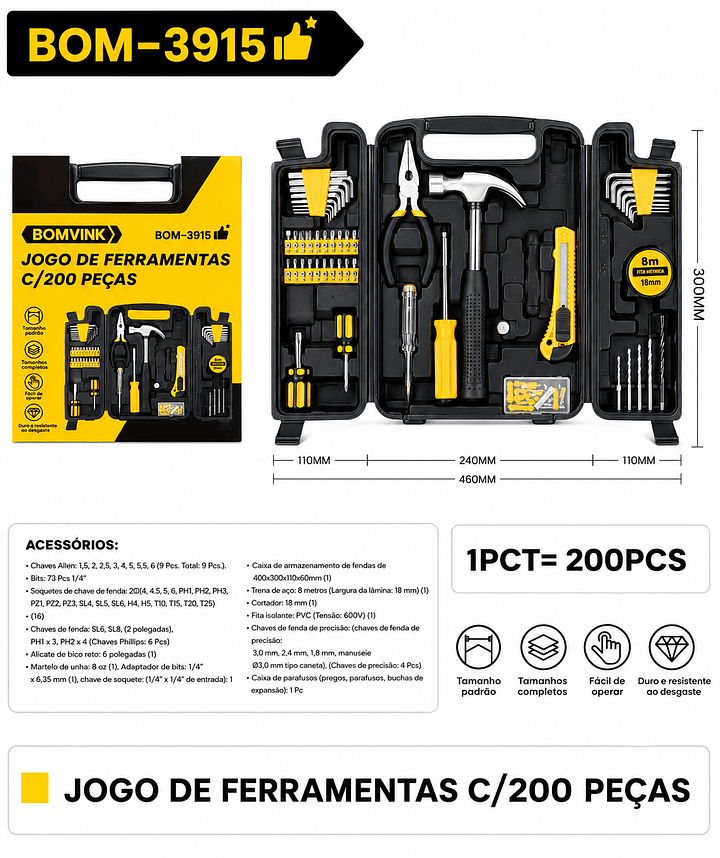 BOMVINK - MALETA DE FERRAMENTAS COM 200 PEÇAS