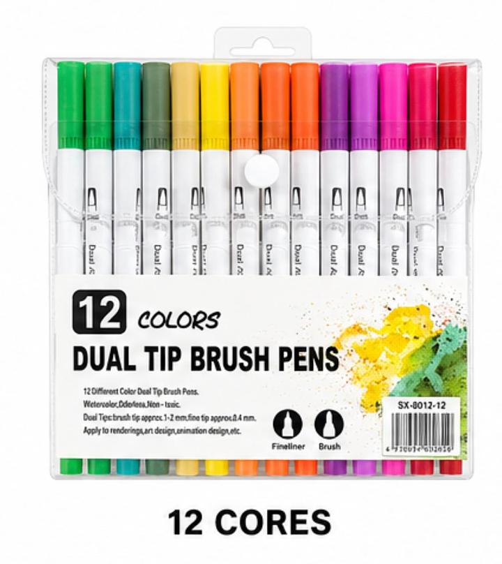12 CORES CANETAS HIDROGRÁFICAS DUAL TIP BRUSH PENS