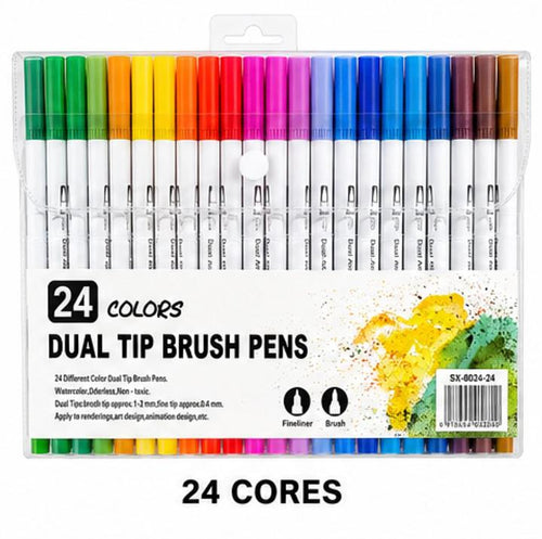 24 CORES CANETAS HIDROGRÁFICAS DUAL TIP BRUSH PENS