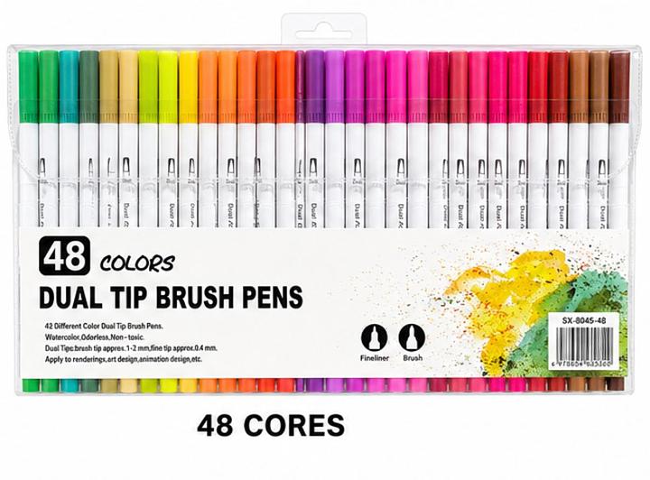 48 CORES CANETAS HIDROGRÁFICAS DUAL TIP BRUSH PENS