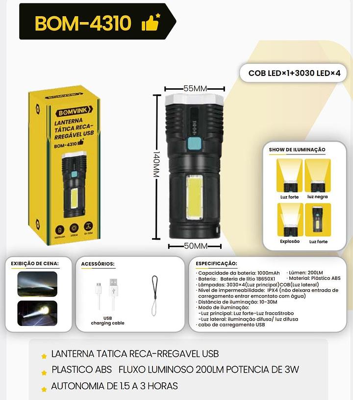 BOMVINK - LANTERNA TATICA RECARREGAVEL USB 3W - BOM-4310