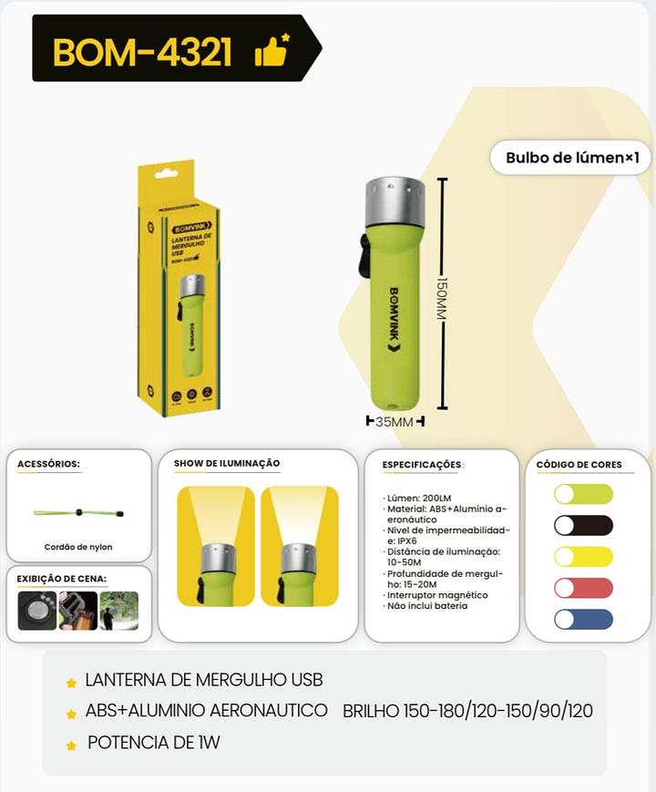 BOMVINK - LANTERNA DE MERGULHO USB - BOM-4321