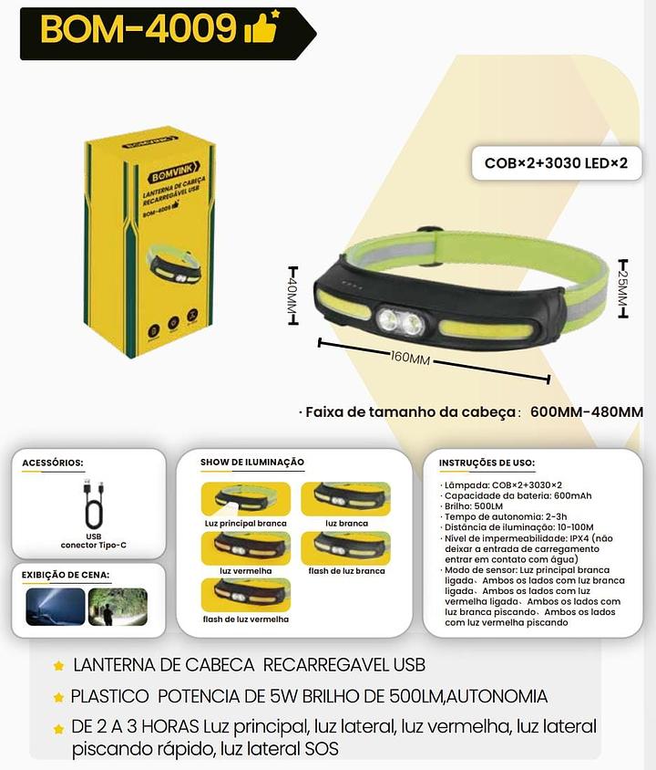 BOMVINK - LANTERNA DE CABEÇA RECARREGAVEL - BOM-4009