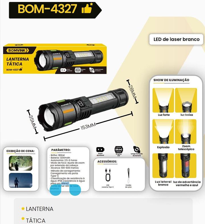 LANTERNA TATICA USB BOMVINK BOM-4327