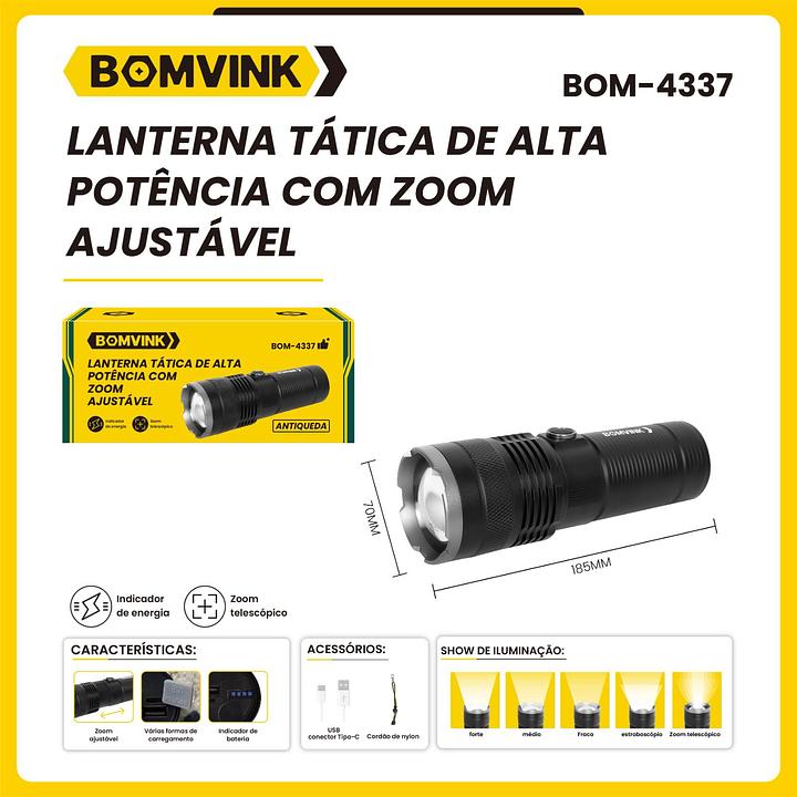 BOMVINK - LANTERNA TATICA DE ALTA POTENCIA COM ZOOM AJUSTAVEL