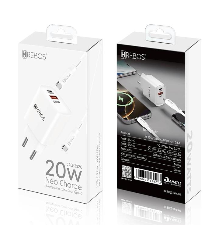 CARREGADOR NEO CHARGE + CABO DUAL TYPE-C 20W